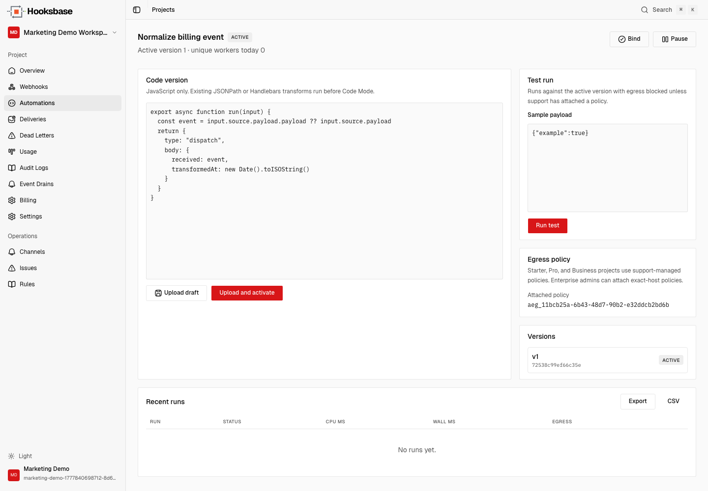 Hooksbase Automations code view for a versioned event transform