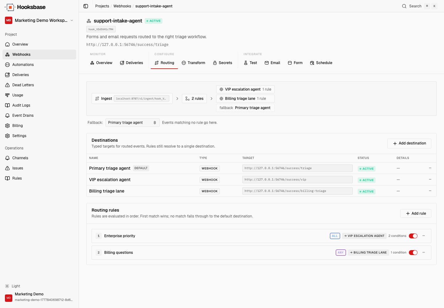 Hooksbase routing rules dashboard showing destination rules for agent events